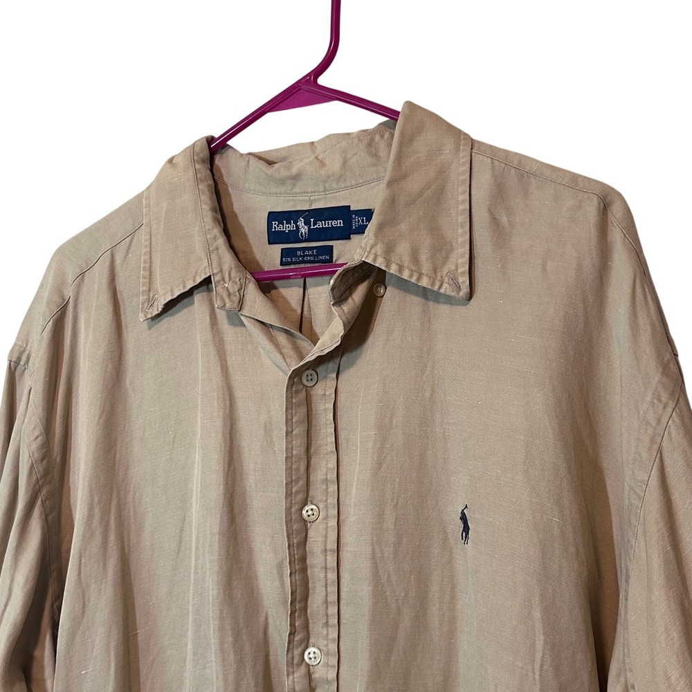 Ralph Lauren Blake Mens XL Tan Silk Linen Blend Button Down Long Sleeve Shirt